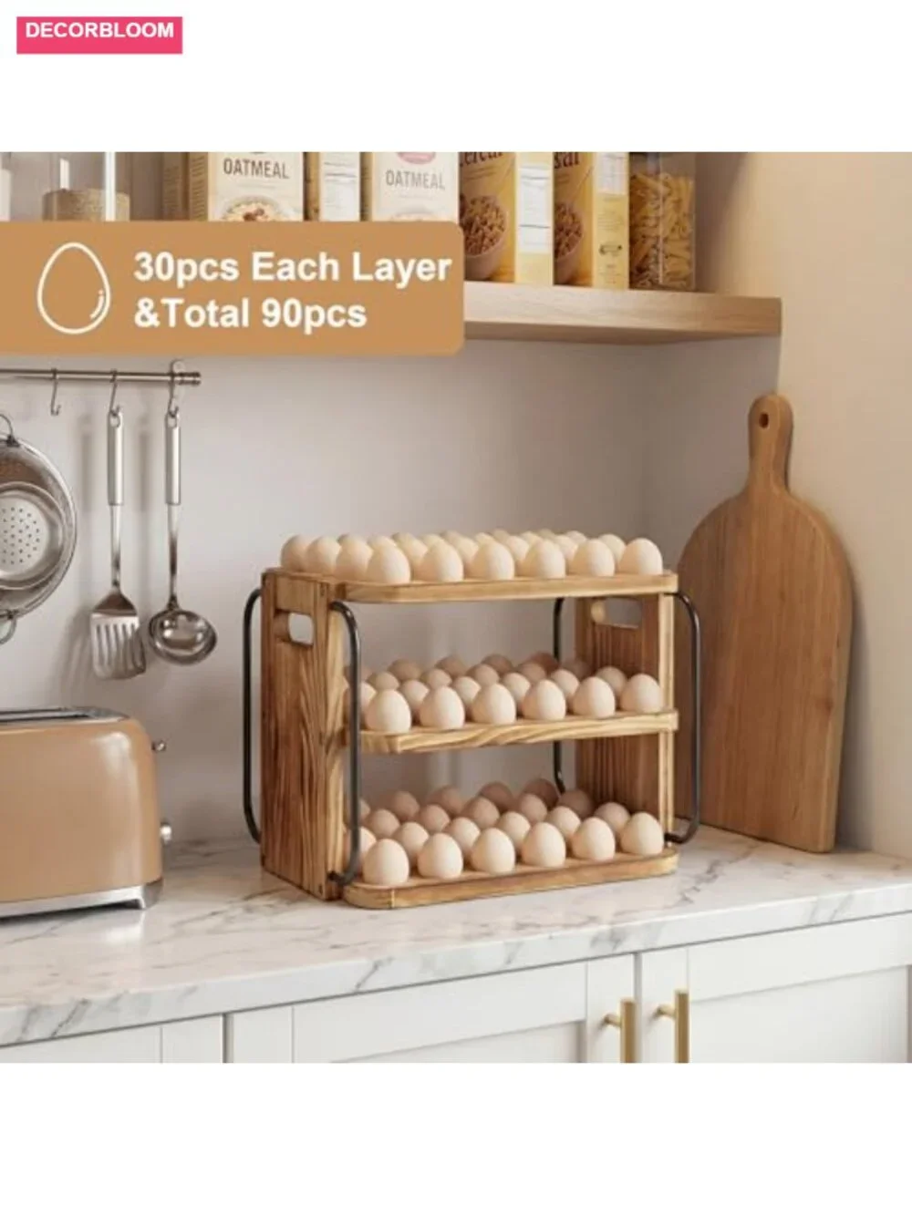 Wooden Egg Holder Countertop for Fresh Eggs with Handle - 3 Layer Stackable 90